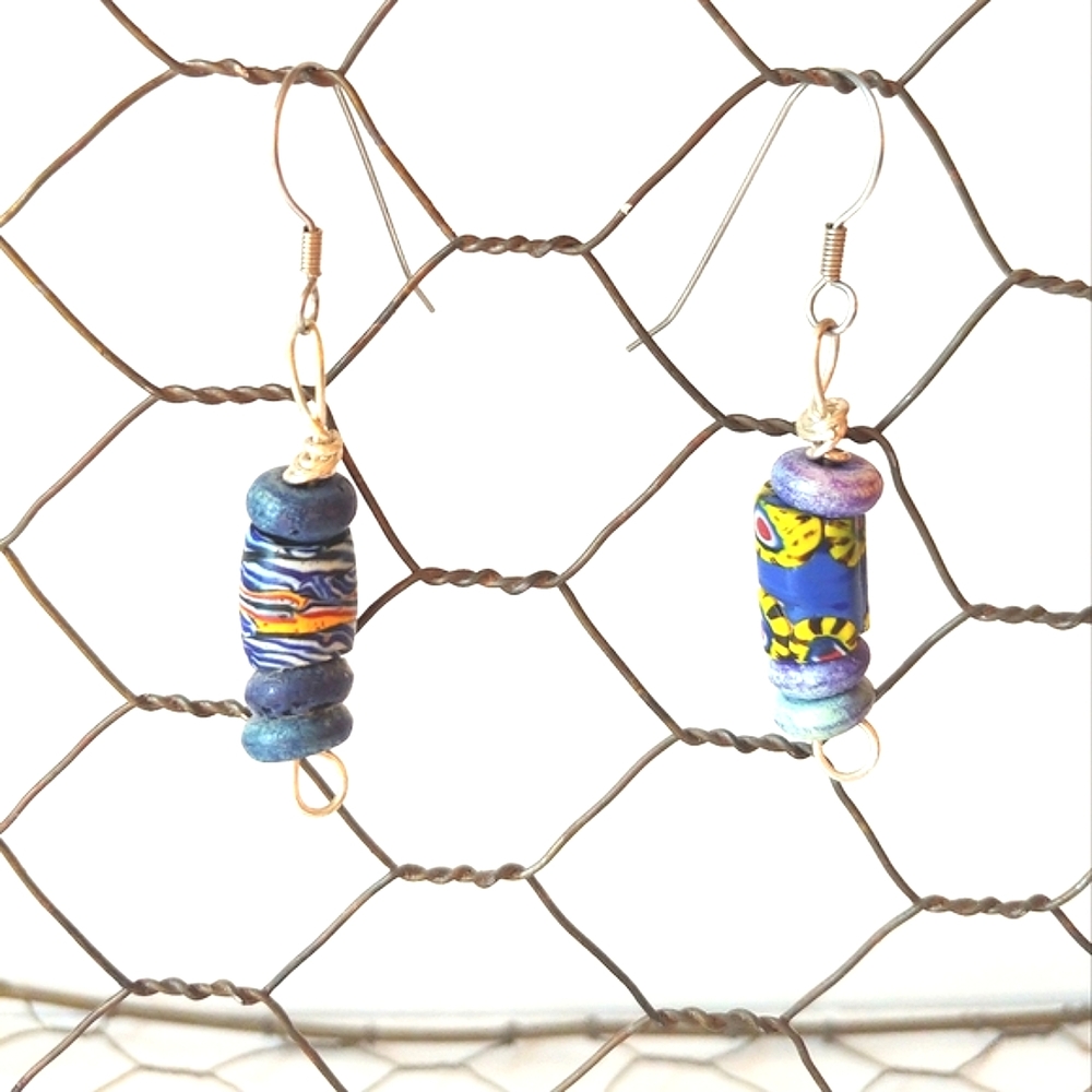 Vintage Earrings Handmade Trade Bead Jewelry African Beads Blue Yellow